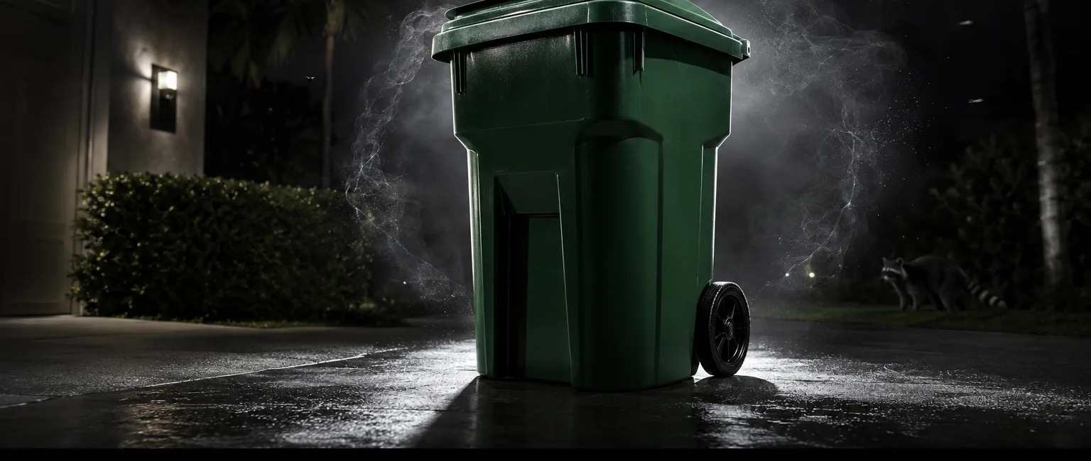 A trash bin at night outside a South Florida home, with odor rising and a raccoon nearby