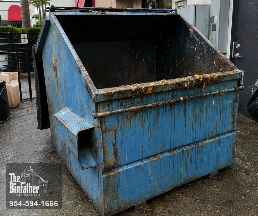 A restaurant dumpster behind a South Florida plaza, commercial dumpster cleaning in South Florida — before cleaning