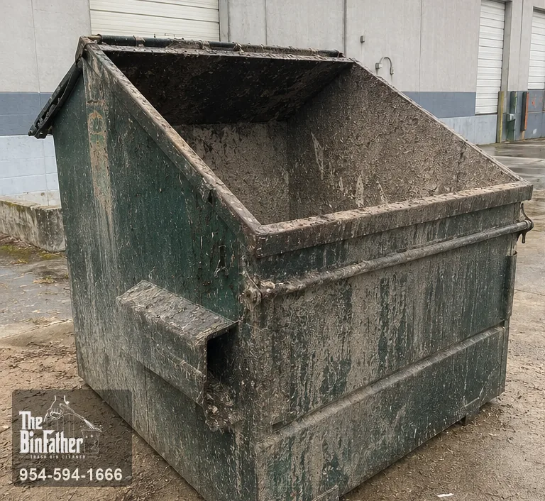 An industrial dumpster at a warehouse dock, commercial dumpster cleaning in South Florida — before cleaning