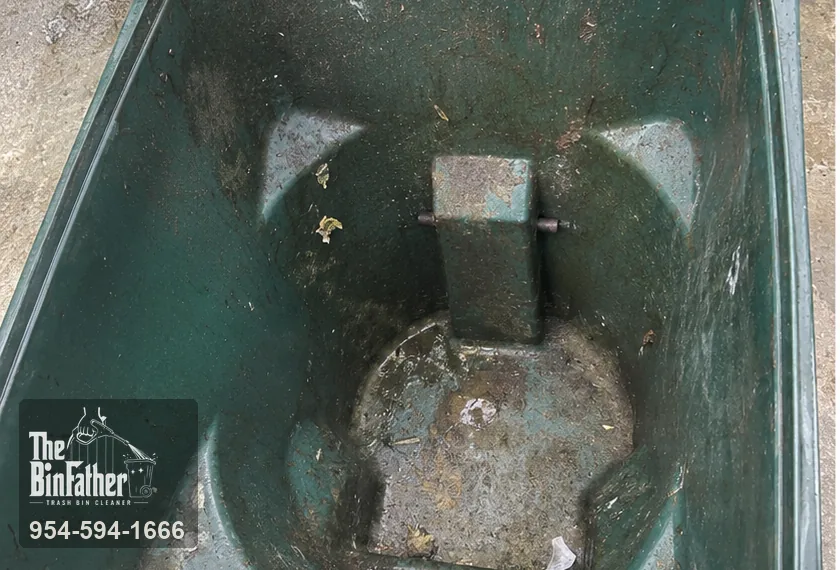 Inside a residential garbage cart, trash bin cleaning in South Florida — before cleaning