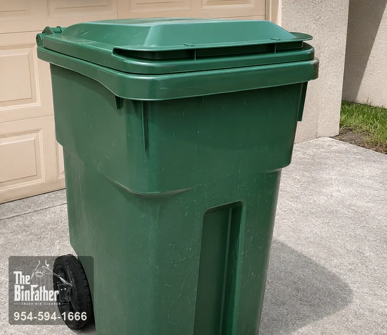 A curbside cart outside a Florida garage, trash bin cleaning in South Florida — after cleaning