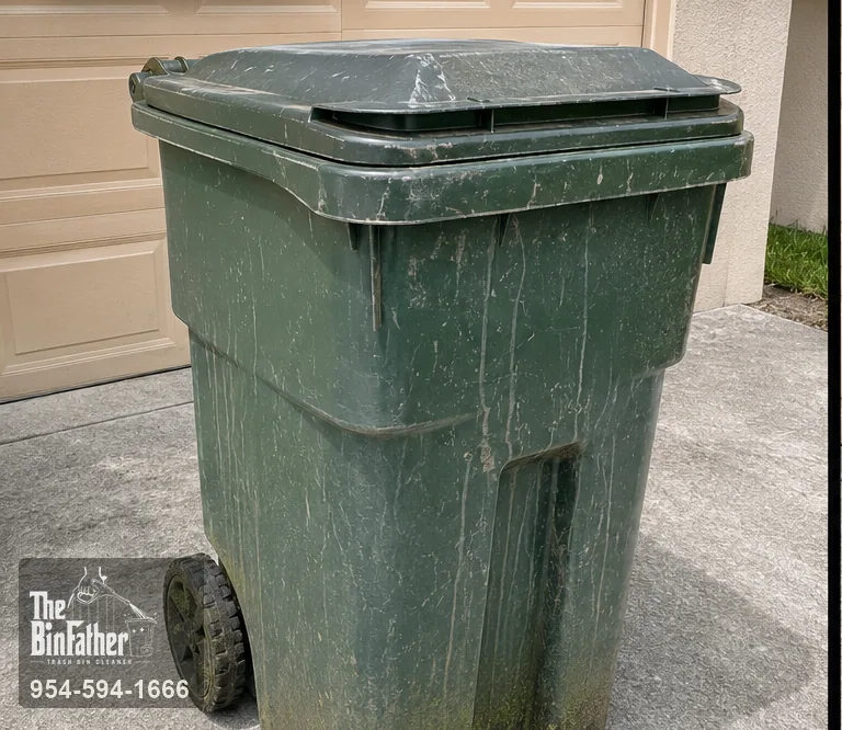 A curbside cart outside a Florida garage, trash bin cleaning in South Florida — before cleaning
