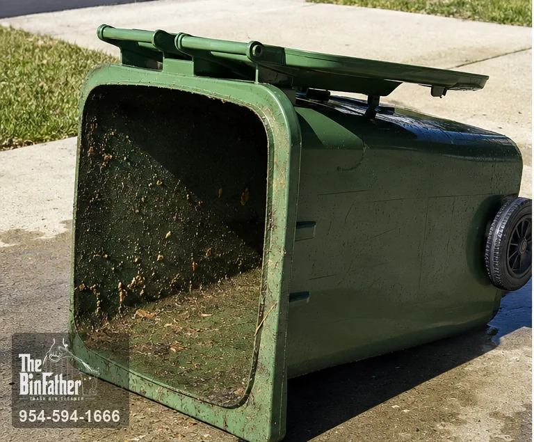 The open mouth of a wheeled bin, trash bin cleaning in South Florida — before cleaning
