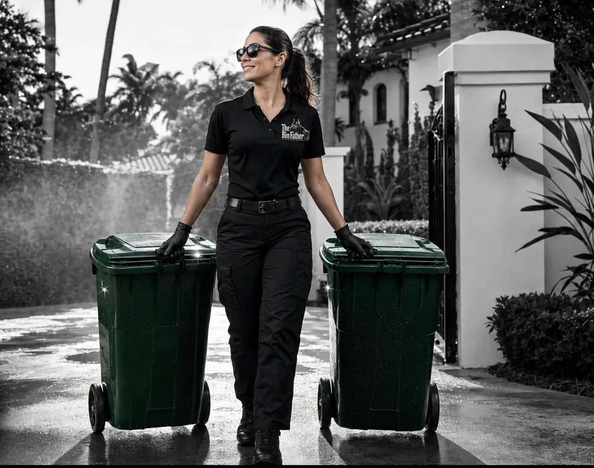 A technician returning two freshly cleaned bins to a South Florida driveway